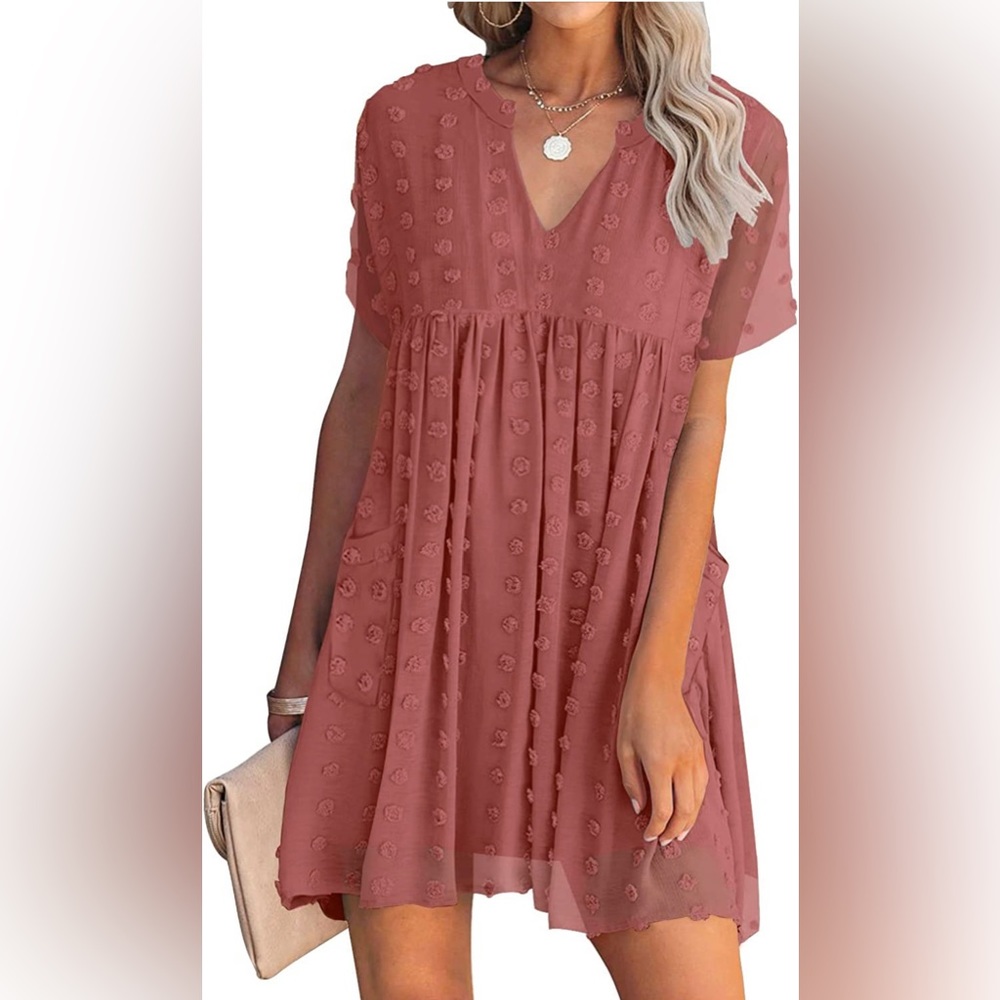 NWT MIHOLL Women's V Neck Short Sleeve Ruffle Loose Summer Flowy Mini Dress